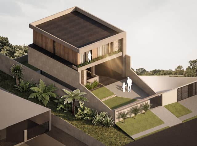 Colagem arquitetônica de casa em declive